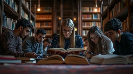Obraz premium Multi ethnic group of students sitting in a library