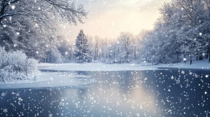 Fototapeta premium beautiful landscape of a lake surrounded by forest with a lot of snow falling