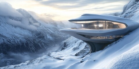 Obraz premium A sleek, metallic house sits on a snowy mountainside, blending modern design with the serene winter scenery.