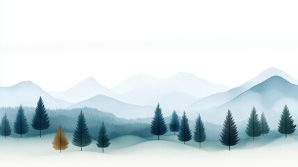 Obraz premium Serene landscape featuring layered mountains and pine trees in soft hues, evoking tranquility and natural beauty.
