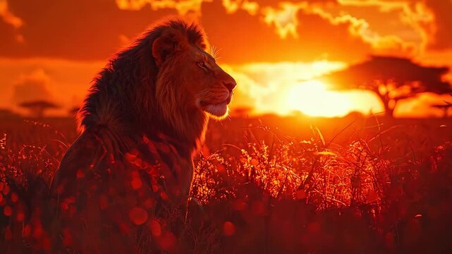 Majestic lion overlooking savannah at golden sunrise wildlife scene
