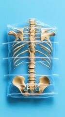 A detailed view of a human skeleton model, emphasizing anatomical structures against a vibrant blue background.