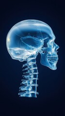 A detailed x-ray of a human skull and neck, showcasing skeletal structure with transparency and illumination effects.