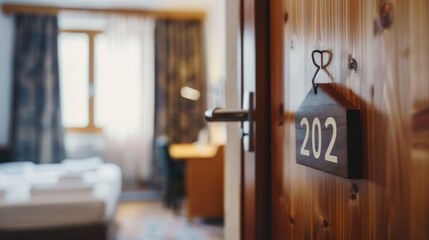 Open Door to a Hotel Room with Number 202