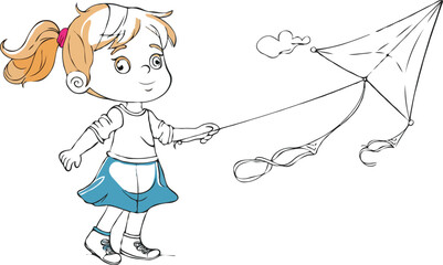 
coloring page a simple drawing of green blue with baby girl & boy flying a kite on the grassland, coloring page