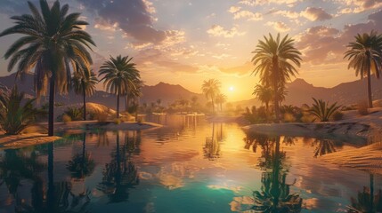oasis in the middle of the desert on a sunset