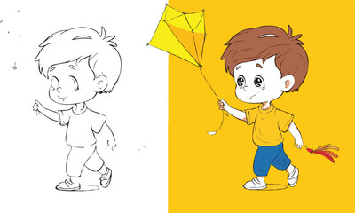 
coloring page a simple drawing of green blue with baby girl & boy flying a kite on the grassland, coloring page