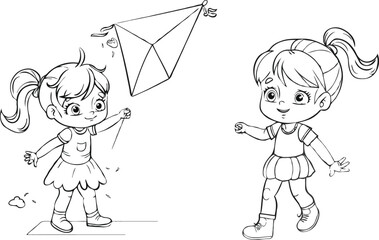 
coloring page a simple drawing of green blue with baby girl & boy flying a kite on the grassland, coloring page