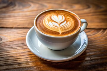 Fototapeta premium Top view of hot cappuccino white coffee cup with heart shape latte art on dark brown old wood table at café food and drink concept.
