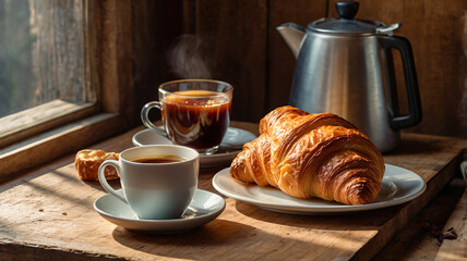 A Cozy Morning Scene With A Buttery Croissant, Jam, And A Steaming Cup Of Coffee, All On A Rustic Table, Food Image