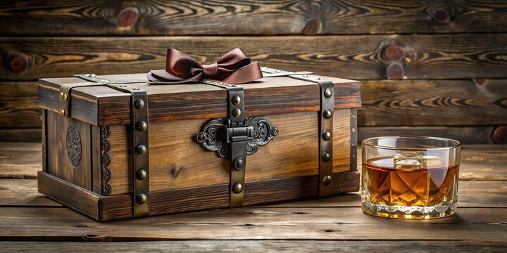 A rustic wooden whiskey box adorned with ornate metal hinges and a beautiful gift certificate, perfect for a sophisticated and refined present.
