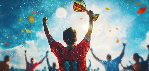 A triumphant moment as a soccer player holds up a trophy amid cheers, capturing the essence of victory and joy.
