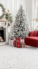 The living room features a stunning Christmas tree adorned with lights, surrounded by presents, and large windows displaying a tranquil outdoor scene