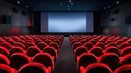 Film festival screening room with red velvet seats and large projection screen, event, cinematic experience