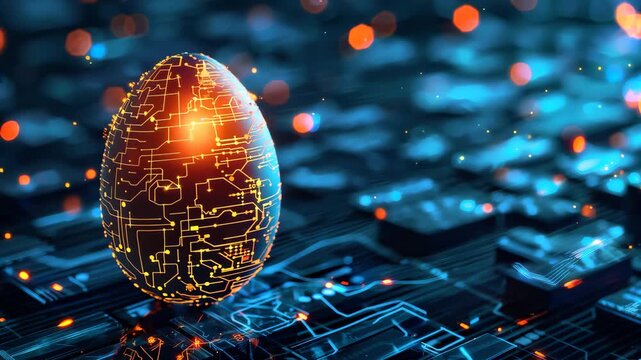 Futuristic egg with glowing circuit patterns on circuit board