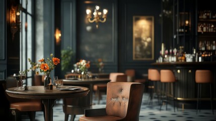 Design of a luxury bar, complete with tables, chairs, and flowers.