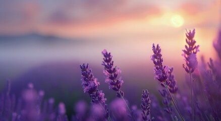 Fototapeta premium Lavender Field at Sunrise With Soft Purple Blooms and Misty Background
