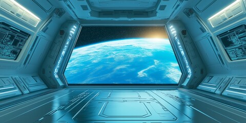 The interior of a sleek spaceship showcases a large window with a stunning view of Earth illuminated by sunlight.