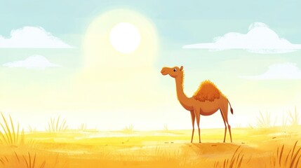 A cartoon camel stands in a desert landscape under a bright sun.