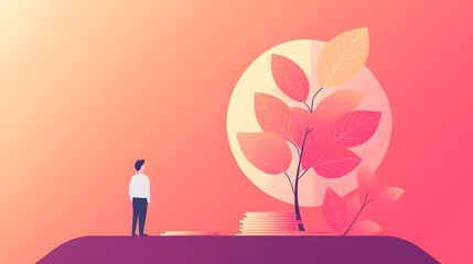 A man stands on a hill, gazing at a colorful tree against a sunset backdrop.  A peaceful and hopeful scene.