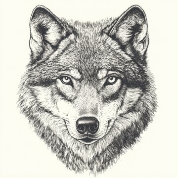 Wolf Etching. Engraved Outline Illustration of Wild Snout, Isolated on White Background