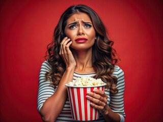 Naklejka premium Emotional Latina woman, tears streaming down her face, clutches a bucket of popcorn while intently watching a dramatic film on TV against a bold red backdrop.