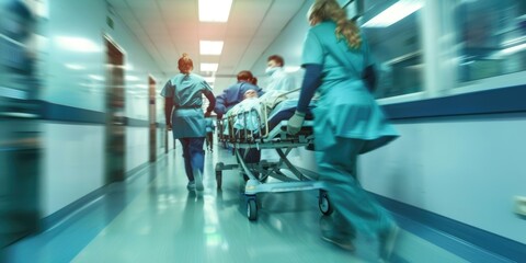 an ambulance crew carries a patient on a gurney, intensive care doctors, uniformed medical personnel transport patients along the hospital corridor