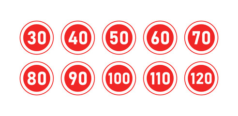 Speed limit sign set icons. Flat style. Vector icons.