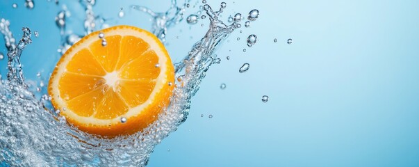 Fresh orange slice splashing in clear water, creating vibrant droplets against a soft blue background.