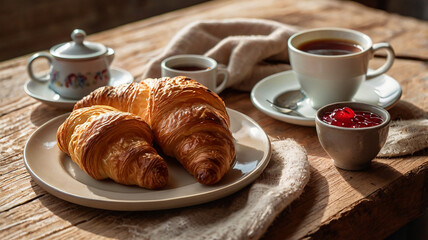 A Cozy Morning Scene With A Buttery Croissant, Jam, And A Steaming Cup Of Coffee, All On A Rustic Table, Food Image