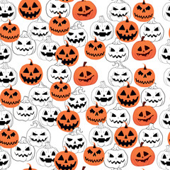 Vector seamless Halloween pattern. Illustration of Halloween celebration. Black pumpkin, bats, ghosts, and pumpkins. Vector cartoon.