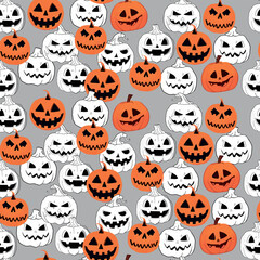 Fototapeta premium Vector seamless Halloween pattern. Illustration of Halloween celebration. Black pumpkin, bats, ghosts, and pumpkins. Vector cartoon.
