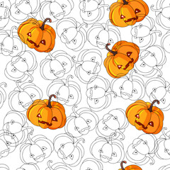 Vector seamless Halloween pattern. Illustration of Halloween celebration. Black pumpkin, bats, ghosts, and pumpkins. Vector cartoon.