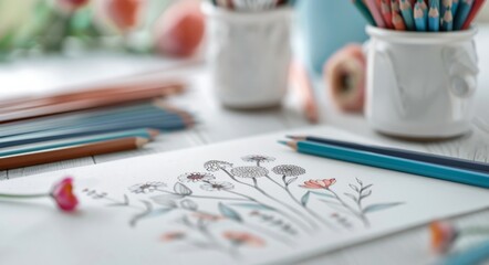 Fototapeta premium Colored Pencils Arranged on Floral Sketches in Soft Morning Light