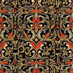 A decorative design featuring interlocking black and gold shapes with red flowers