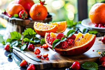 A wooden cutting board topped with oranges and berries, perfect for a kitchen or dining table