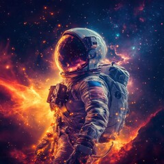 Fototapeta premium Astronaut bathed in orange light, navigating the cosmos amidst colorful nebulae and twinkling stars.