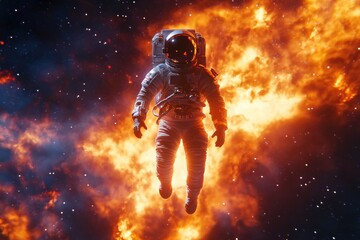 Astronaut bathed in orange light, navigating the cosmos amidst colorful nebulae and twinkling stars.