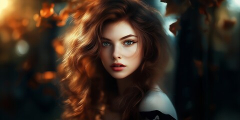 A woman with flowing brown hair gazes intently, surrounded by vibrant autumn leaves and soft light.