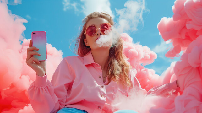 Stylish influencer woman in pink sunglasses vaping while holding a smartphone surrounded by pink vape clouds. Concepts of fashion, technology, and modern lifestyle.