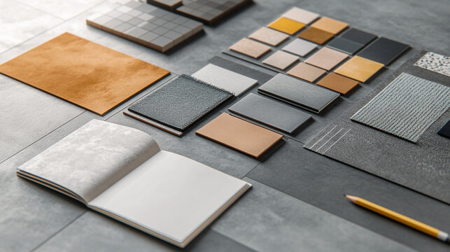 Mood board in gray and mustard palette. 