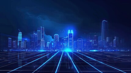 Futuristic Cityscape with Glowing Blue Lines