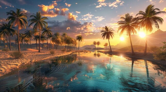 oasis in the middle of the desert at dawn