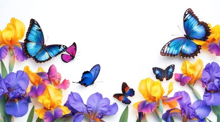 Naklejka premium A stunning and colorful display of butterflies fluttering among blooming irises creates a truly vibrant backdrop, enhancing the overall beauty of any design or project you may have in mind