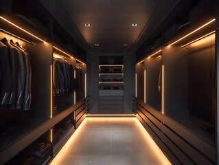 Minimalist and Organized Wardrobe with High Contrast Lighting and Sleek Scandinavian Design