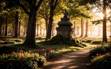 Obraz premium Tranquil Garden Pathway With Statue Surrounded by Lush Greenery and Flowers at Dusk