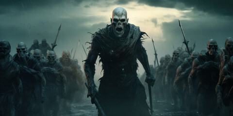 Naklejka premium Army of scary skeletons in foggy forest, spooky undead walk in mist, creepy dead on Halloween in dark woods. Concept of horror, war, death, fantasy, monster