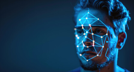 Man face and work of biometric identification system on dark blue background, facial recognition with AI technology. Concept of verification, id, person, deepfake