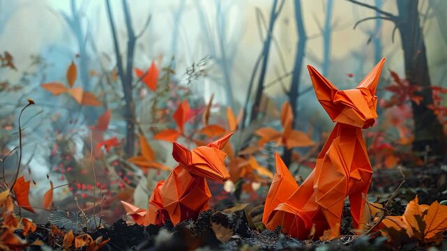 Origami foxes in enchanted forest with autumn foliage display