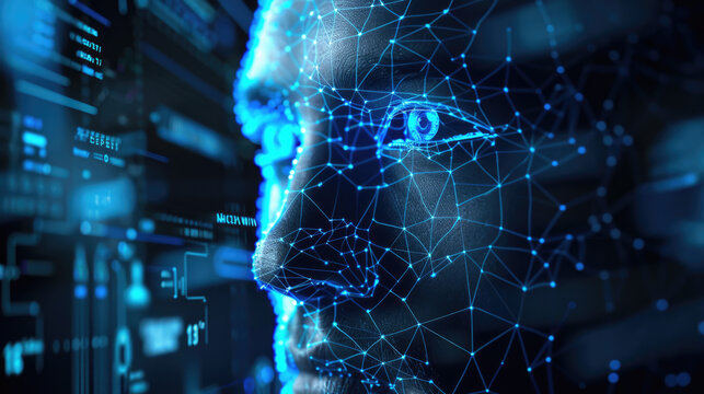 Man face and work of biometric identification system, facial recognition with AI technology. Concept of verification, id, eye, person, deepfake